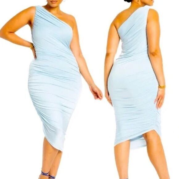 Eloquii Dresses & Skirts - Eloquii Ruched One Shoulder Dress skyride blue ruched asymmetrical midi, size 16